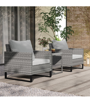 Outsunny 3PCS Rattan Bistro Set Glass Top Table and Chairs with 4 Cushions Grey