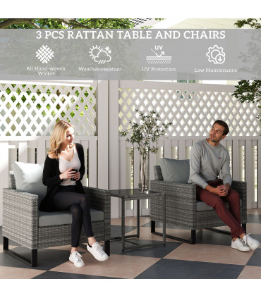 Outsunny 3PCS Rattan Bistro Set Glass Top Table and Chairs with 4 Cushions Grey