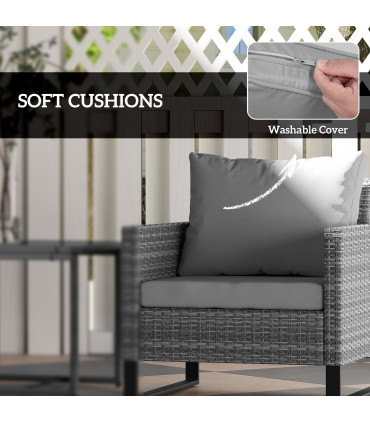 Outsunny 3PCS Rattan Bistro Set Glass Top Table and Chairs with 4 Cushions Grey