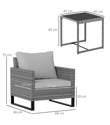 Outsunny 3PCS Rattan Bistro Set Glass Top Table and Chairs with 4 Cushions Grey