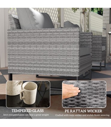 Outsunny 3PCS Rattan Bistro Set Glass Top Table and Chairs with 4 Cushions Grey