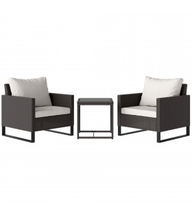 Outsunny 3PCS Rattan Bistro Set Glass Top Table and Chairs with 4 Cushions Brown