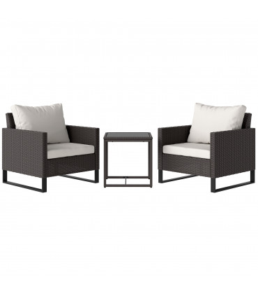 Outsunny 3PCS Rattan Bistro Set Glass Top Table and Chairs with 4 Cushions Brown