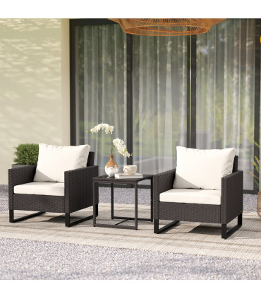 Outsunny 3PCS Rattan Bistro Set Glass Top Table and Chairs with 4 Cushions Brown