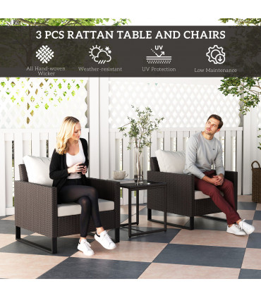 Outsunny 3PCS Rattan Bistro Set Glass Top Table and Chairs with 4 Cushions Brown