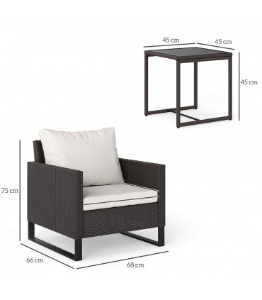 Outsunny 3PCS Rattan Bistro Set Glass Top Table and Chairs with 4 Cushions Brown