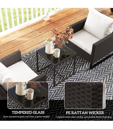 Outsunny 3PCS Rattan Bistro Set Glass Top Table and Chairs with 4 Cushions Brown