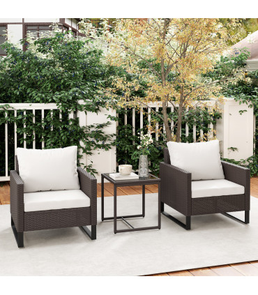 Outsunny 3PCS Rattan Bistro Set Glass Top Table and Chairs with 4 Cushions Brown