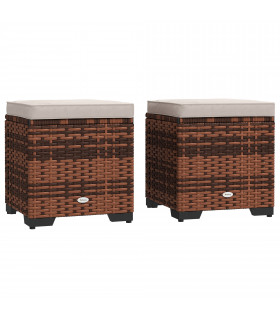 Outsunny Set of 2 Rattan Footstool, Storage Ottoman w/ Cushions, Beige