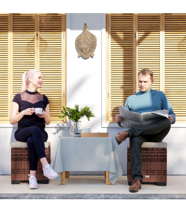 Outsunny Set of 2 Rattan Footstool, Storage Ottoman w/ Cushions, Beige