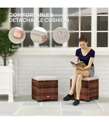 Outsunny Set of 2 Rattan Footstool, Storage Ottoman w/ Cushions, Beige
