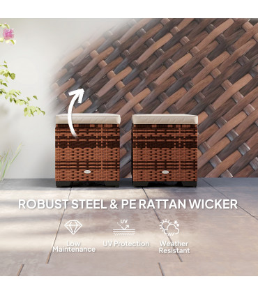 Outsunny Set of 2 Rattan Footstool, Storage Ottoman w/ Cushions, Beige