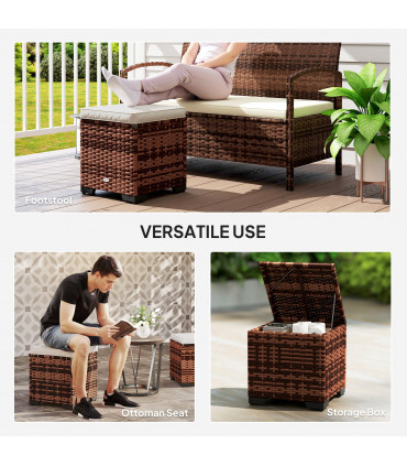 Outsunny Set of 2 Rattan Footstool, Storage Ottoman w/ Cushions, Beige