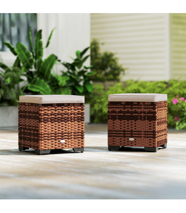 Outsunny Set of 2 Rattan Footstool, Storage Ottoman w/ Cushions, Beige