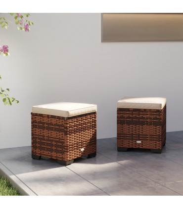 Outsunny Set of 2 Rattan Footstool, Storage Ottoman w/ Cushions, Beige