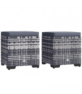 Outsunny Set of 2 Rattan Footstool, Storage Ottoman w/ Cushions, Dark Grey