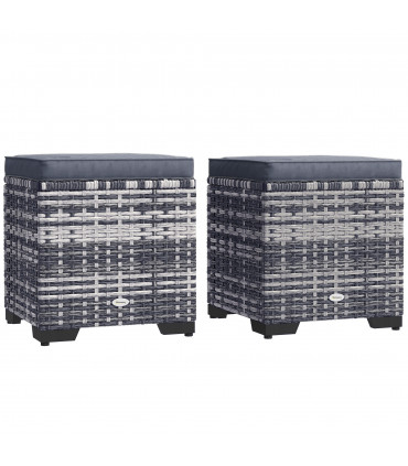 Outsunny Set of 2 Rattan Footstool, Storage Ottoman w/ Cushions, Dark Grey