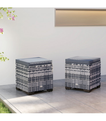 Outsunny Set of 2 Rattan Footstool, Storage Ottoman w/ Cushions, Dark Grey
