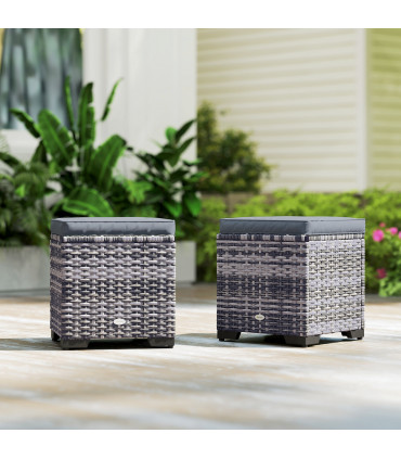 Outsunny Set of 2 Rattan Footstool, Storage Ottoman w/ Cushions, Dark Grey
