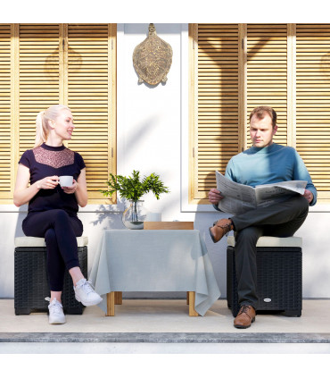 Outsunny Set of 2 Rattan Footstool, Storage Ottoman w/ Cushions, Cream