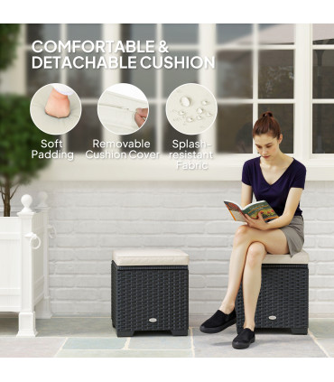 Outsunny Set of 2 Rattan Footstool, Storage Ottoman w/ Cushions, Cream