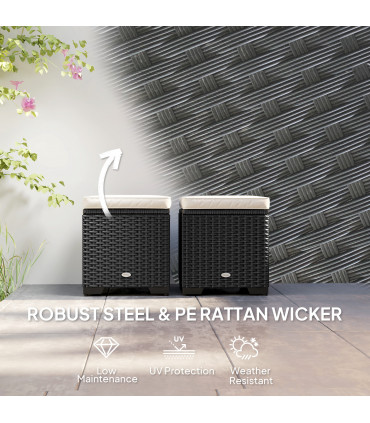 Outsunny Set of 2 Rattan Footstool, Storage Ottoman w/ Cushions, Cream