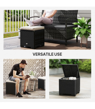 Outsunny Set of 2 Rattan Footstool, Storage Ottoman w/ Cushions, Cream