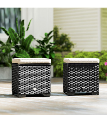 Outsunny Set of 2 Rattan Footstool, Storage Ottoman w/ Cushions, Cream