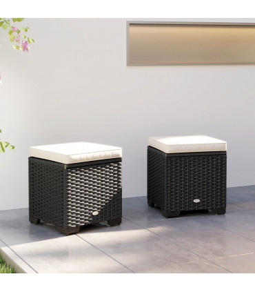 Outsunny Set of 2 Rattan Footstool, Storage Ottoman w/ Cushions, Cream