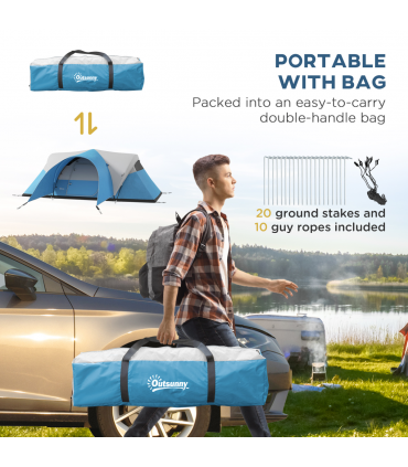 Outsunny 3000mm Waterproof Camping Tent with Porch & Sewn in Groundsheet, Blue