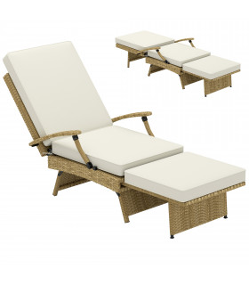 Outsunny Foldable Rattan Garden Recliner Chair w/ Cushion, Footrest, Beige