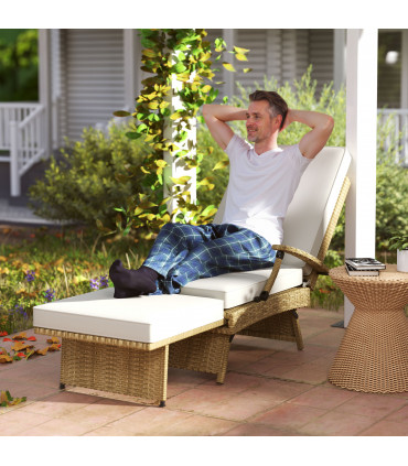 Outsunny Foldable Rattan Garden Recliner Chair w/ Cushion, Footrest, Beige