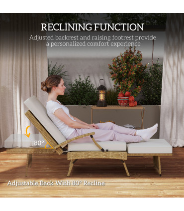 Outsunny Foldable Rattan Garden Recliner Chair w/ Cushion, Footrest, Beige