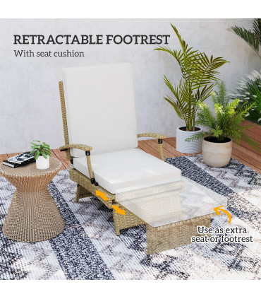 Outsunny Foldable Rattan Garden Recliner Chair w/ Cushion, Footrest, Beige