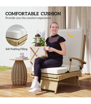 Outsunny Foldable Rattan Garden Recliner Chair w/ Cushion, Footrest, Beige