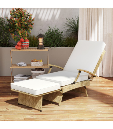 Outsunny Foldable Rattan Garden Recliner Chair w/ Cushion, Footrest, Beige