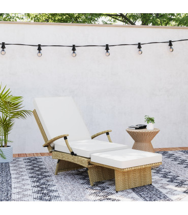 Outsunny Foldable Rattan Garden Recliner Chair w/ Cushion, Footrest, Beige