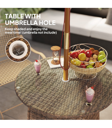 Outsunny Patio Furniture Rattan Garden Table with Umbrella Hole, Brown