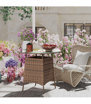 Outsunny Patio Furniture Rattan Garden Table with Umbrella Hole, Brown