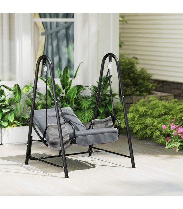 Outsunny Rattan Swing Chair with Stand and Seat Cushion, Light Grey