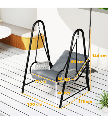 Outsunny Rattan Swing Chair with Stand and Seat Cushion, Light Grey