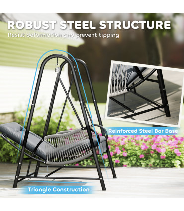 Outsunny Rattan Swing Chair with Stand and Seat Cushion, Light Grey