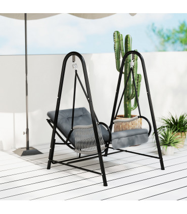 Outsunny Rattan Swing Chair with Stand and Seat Cushion, Light Grey