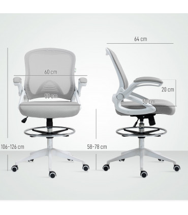 Vinsetto Mesh Office Stool, 60° Swivel Height Adjustable Chair, Light Grey