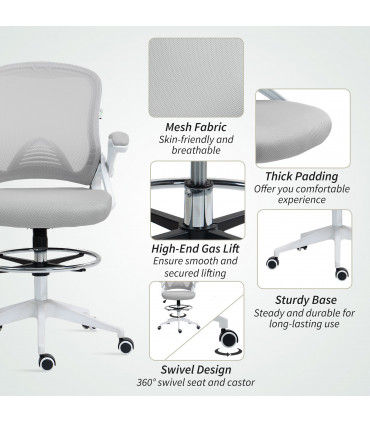 Vinsetto Mesh Office Stool, 60° Swivel Height Adjustable Chair, Light Grey