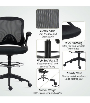 Vinsetto Mesh Office Stool, 60° Swivel Height Adjustable Chair, Black