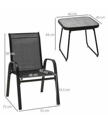 Outsunny 3PCs Bistro Set w/ Breathable Mesh Fabric & PSC Board Top Table, Black