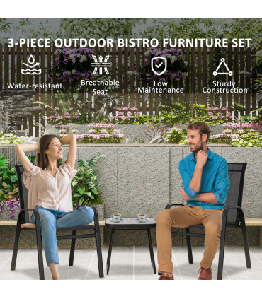 Outsunny 3PCs Bistro Set w/ Breathable Mesh Fabric & PSC Board Top Table, Black