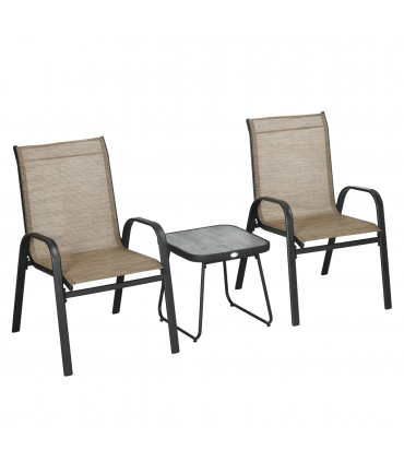 Outsunny 3PCs Bistro Set w/ Breathable Mesh Fabric & PSC Board Top Table, Brown