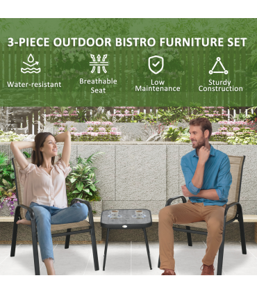 Outsunny 3PCs Bistro Set w/ Breathable Mesh Fabric & PSC Board Top Table, Brown